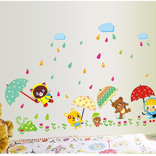 Wall decal made of thick, sharp PVC type 1, decorating kindergarten and children's classrooms - Bear covering the umbrella - product code AY1931