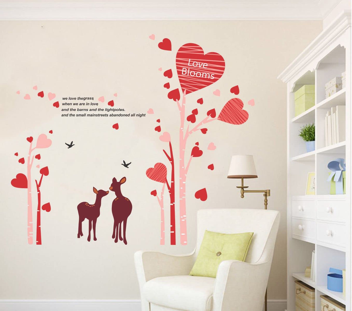 Asmi Collection Wall Stickers Pink Tree with Pretty Heart and Deer size 6x90  AY883