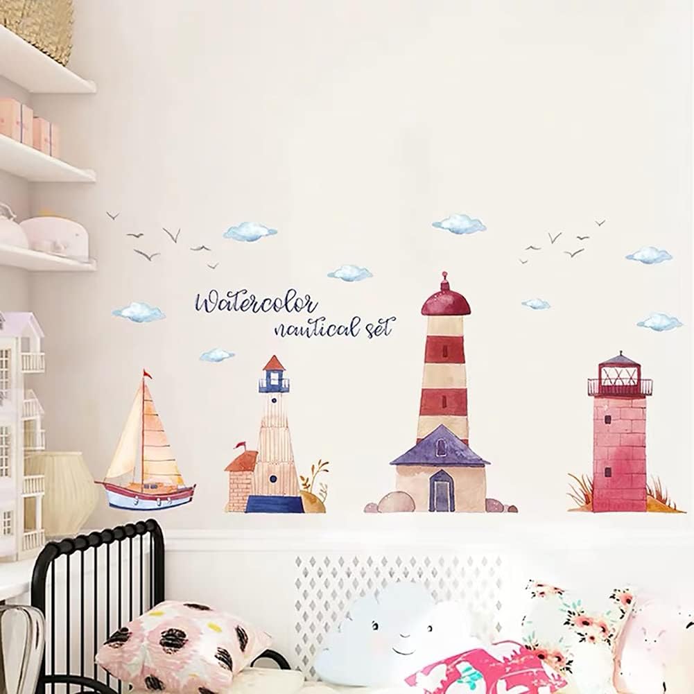 HM92019 Watercolor Lighthouse Wall Stickers Sailing Clouds Wall Sticker