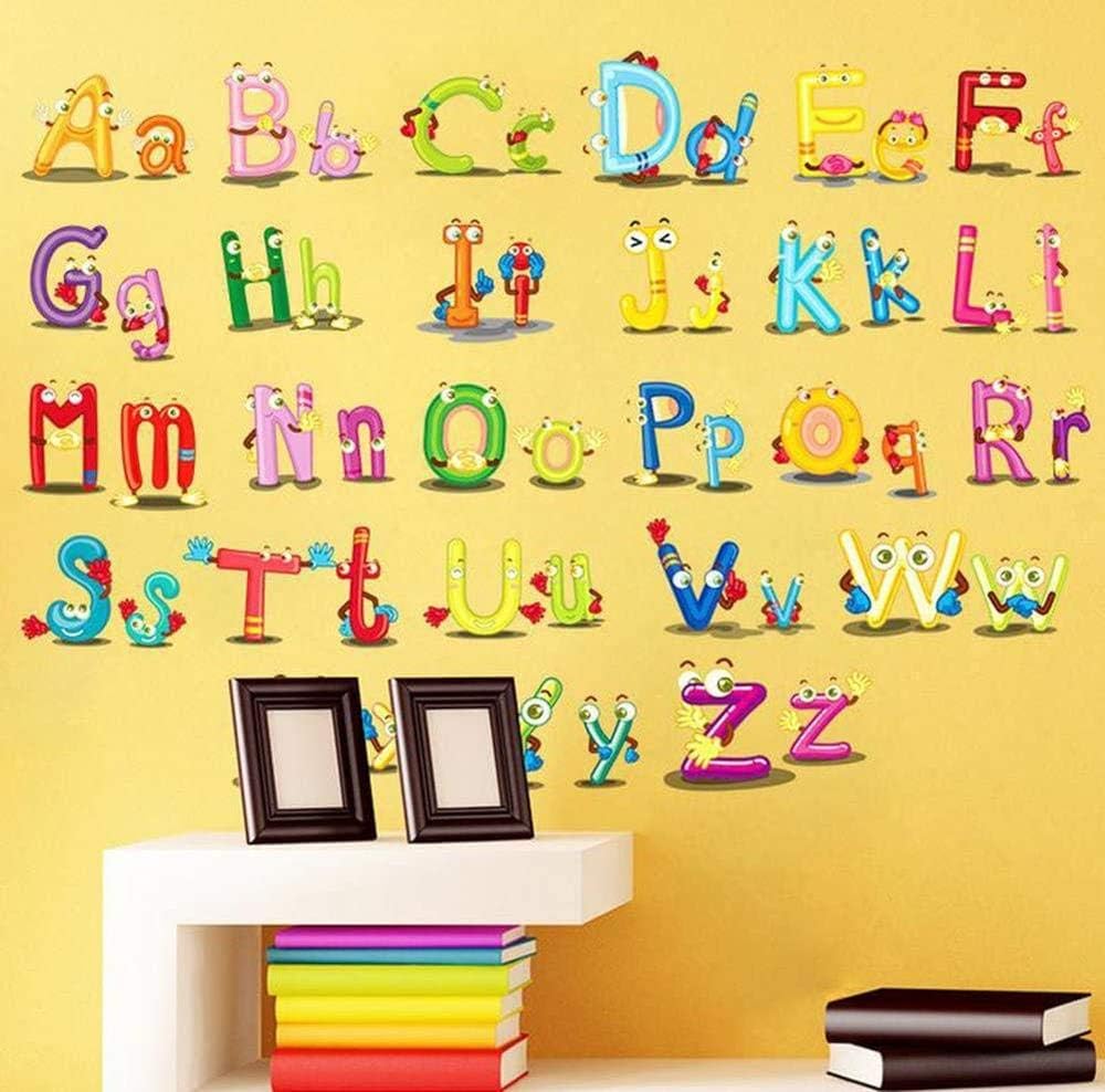 Hinleise Wall Stickers English Alphabet Letters Stickers Cute Cartoon Art Mural Decal for Kids Bedroom Nursery Classroom Early Education Removable Wall Decoration 45 60Cm