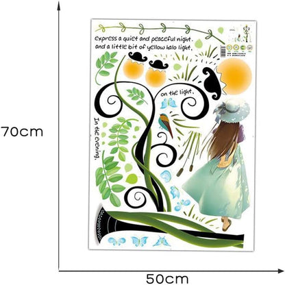 PG887 3D Color Wall Sticker Series 1- Cute Girl Under Plant Streetlight, Painting, Cartoon Character, English Alphabet Wallpaper Sticker Decoration School&Classroom