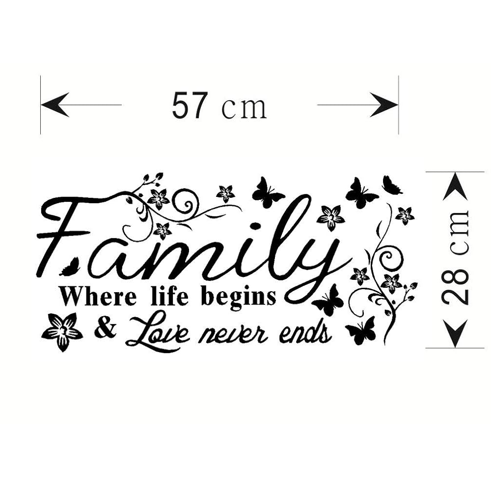 Family Where Life Begins Love Never Ends with Flowers and Butterfly Vinyl Removable Wall Quote Sticker Decal (Black)