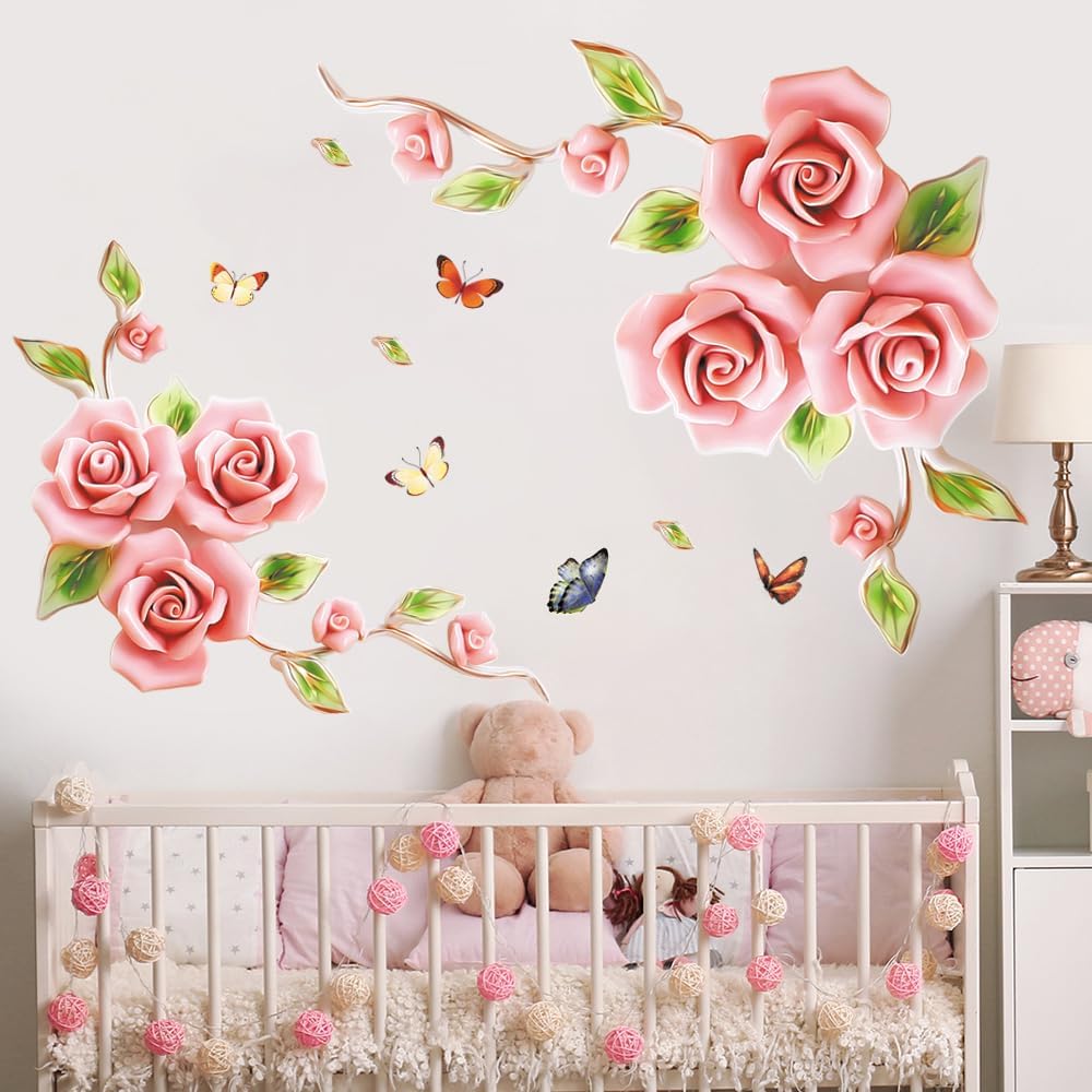 XXL Roses Pink Rose Flowers Wall Sticker  Mural Pictures Floral Butterfly Wall Art Decor for Living Room Bedroom Sofa  Decoration GS9602 Size: 60x90cm