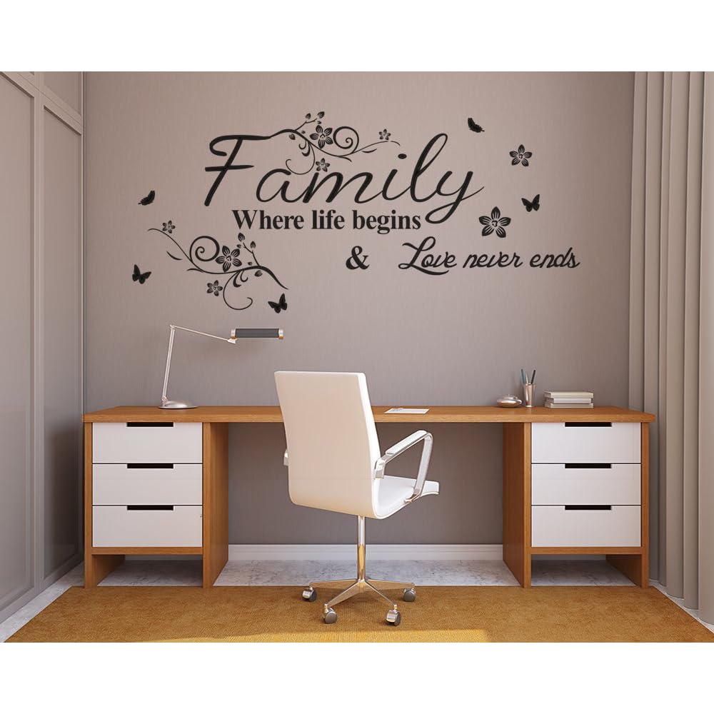Family Where Life Begins Love Never Ends with Flowers and Butterfly Vinyl Removable Wall Quote Sticker Decal (Black)