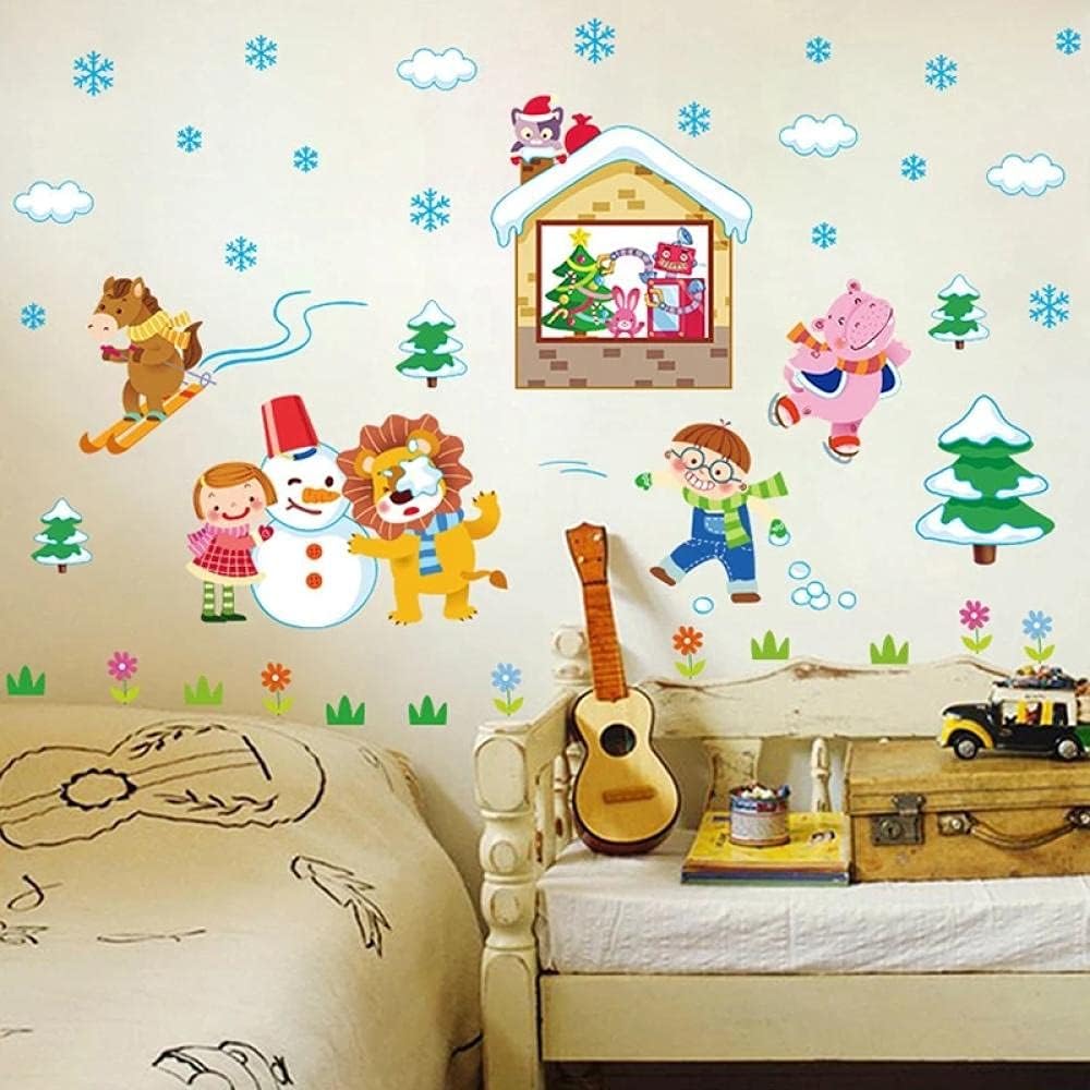 Winter Snow Animals Skiing Children Snowman Wall Stickers Kids Room Bedroom Kindergarten Removable Kids Playing Game Stickers