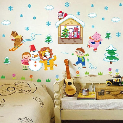 Winter Snow Animals Skiing Children Snowman Wall Stickers Kids Room Bedroom Kindergarten Removable Kids Playing Game Stickers