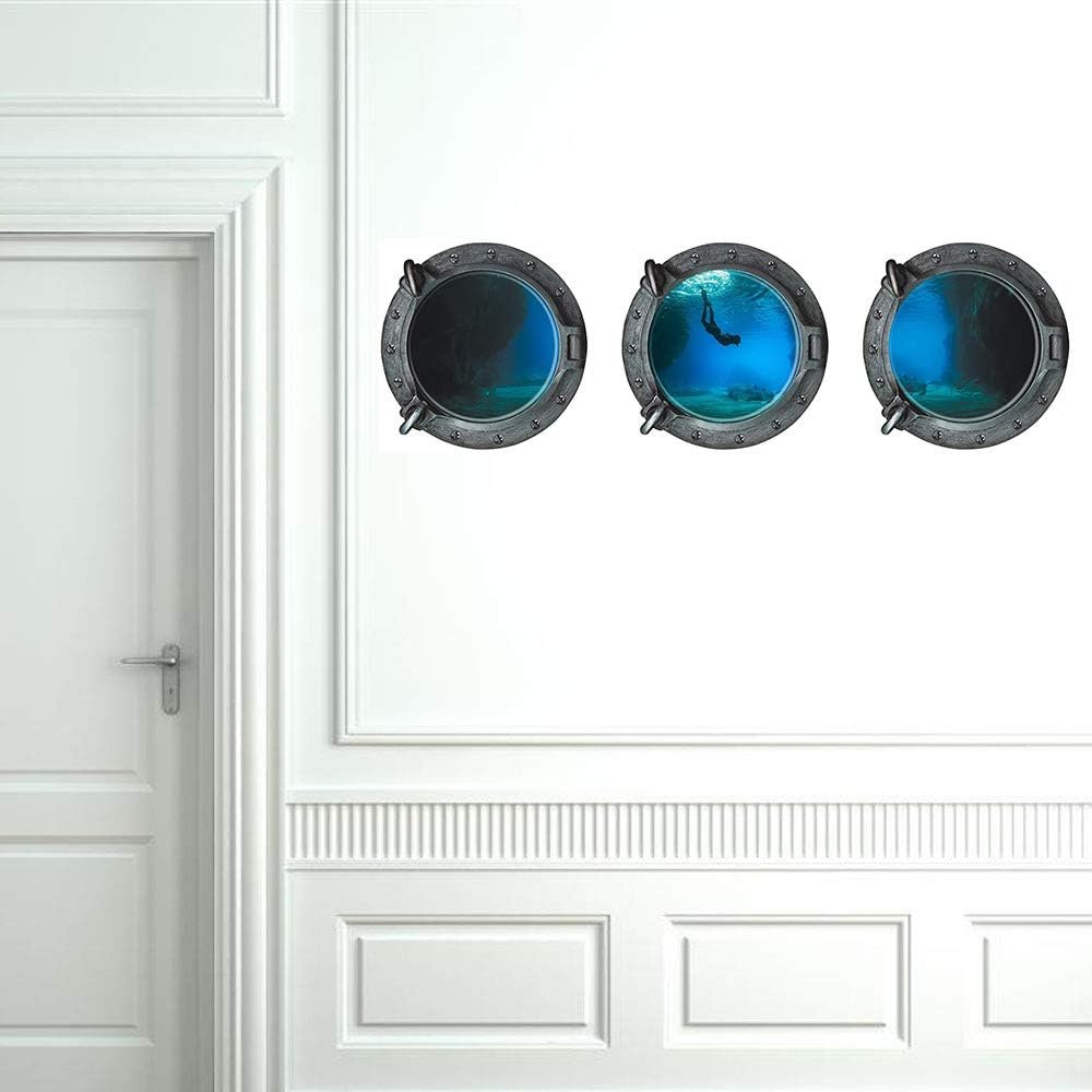 Dnven (13"w X 13"h X 3pcs) Set of 3 3D Porthole Undersea Underwater Diving Window View Faux Submarine Window Partial Frosted Frosting Murals Wall Decals Removable Wall Stickers for Bedrooms