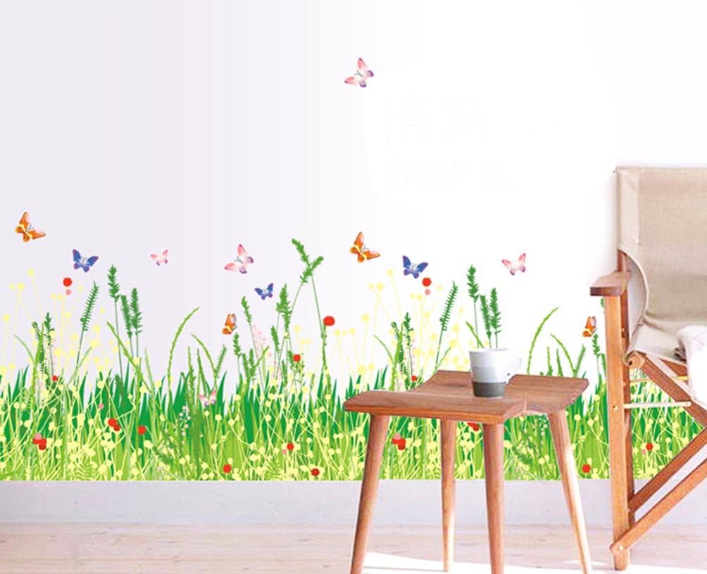 BIBITIME Plants Grass Flowers Border Wall Decal Flying Butterfly Vinyl Sticker for Living Room Skirting line Kitchen Bathroom Window Glass Door Kids Room