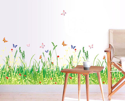 BIBITIME Plants Grass Flowers Border Wall Decal Flying Butterfly Vinyl Sticker for Living Room Skirting line Kitchen Bathroom Window Glass Door Kids Room