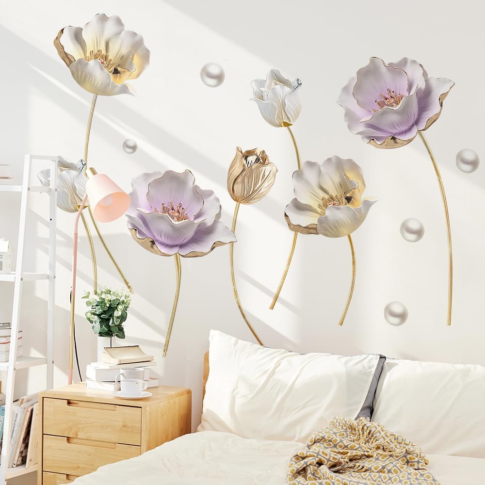 Runtoo 3D Flower Wall Stickers Gold Lotus Floral Wall Art Decals for Living Room Bedroom TV Background Wall Decor GS9720  Size: 60x90cm