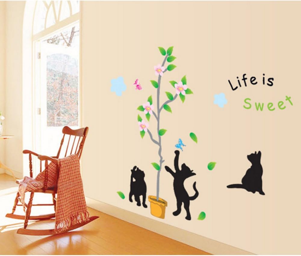 Lovely chats feuilles Papillons Arbre Fleurs Sticker mural Sticker Home Papier amovible Salon Salle à manger Chambre Cuisine Art Picture murals DIY Stick filles garçons enfants jeux chambre bébé Décoration