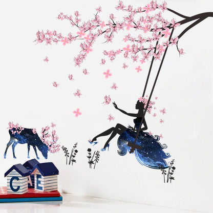 Zy110 Fairy Tree Swing Wall Decals Pink Flowers Tree Wall Stickers Moose Silhouette Flowers DIY Removable Butterfly Plants Animals Wall Decor for Kid Baby Bedroom Living Room Nursery Party