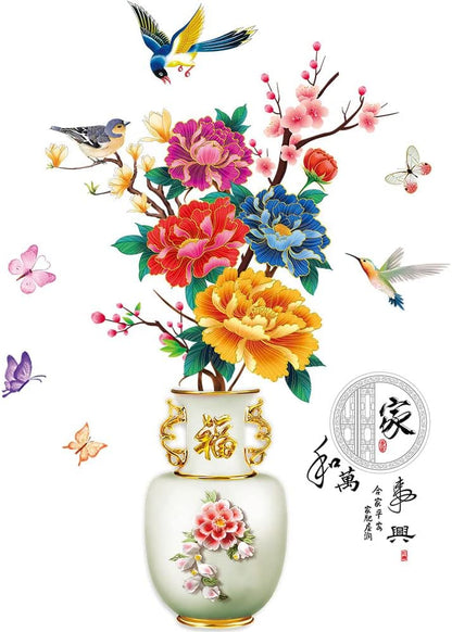 Dechom Peony Flower Pot Vase Wall Sticker Home Wall Art Hallway Corridor Background Aesthetic Decoration Wall Mural Vinyl Decals