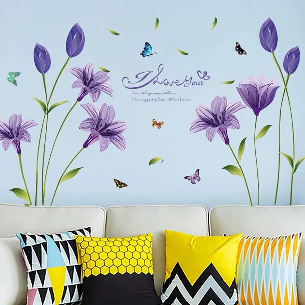 Lovely Lily Flowers and Butterfly Wall Decal DIY Stickers for Home Decor Ay7244
