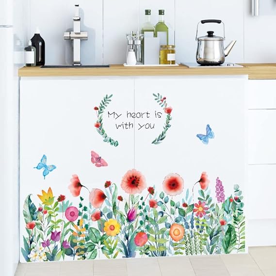 Ht94014 JAAMSO ROYALS Colourful Blooming Flower with Coloured Butterfly Wall Stickers for Living Room Flowers, Floral Wall Stickers, Flower Sticker, Nature Wall Stickers (90 CM X 60 CM)
