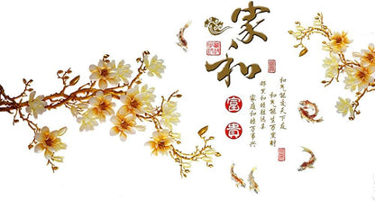 Flowers Koi Fish Carps with Chinese Old Sayings Harmonious Family Means Wealth Wall Stickers Living Room Bedroom Wall