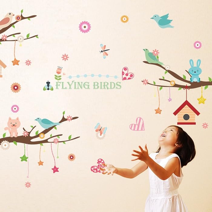 XL8245 Wallpark Cartoon Cute Rabbit Cat Bird Creative Stars House Pendent Tree Branch Removable Wall Sticker