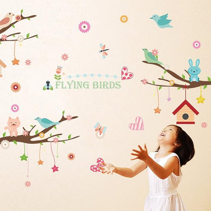 XL8245 Wallpark Cartoon Cute Rabbit Cat Bird Creative Stars House Pendent Tree Branch Removable Wall Sticker