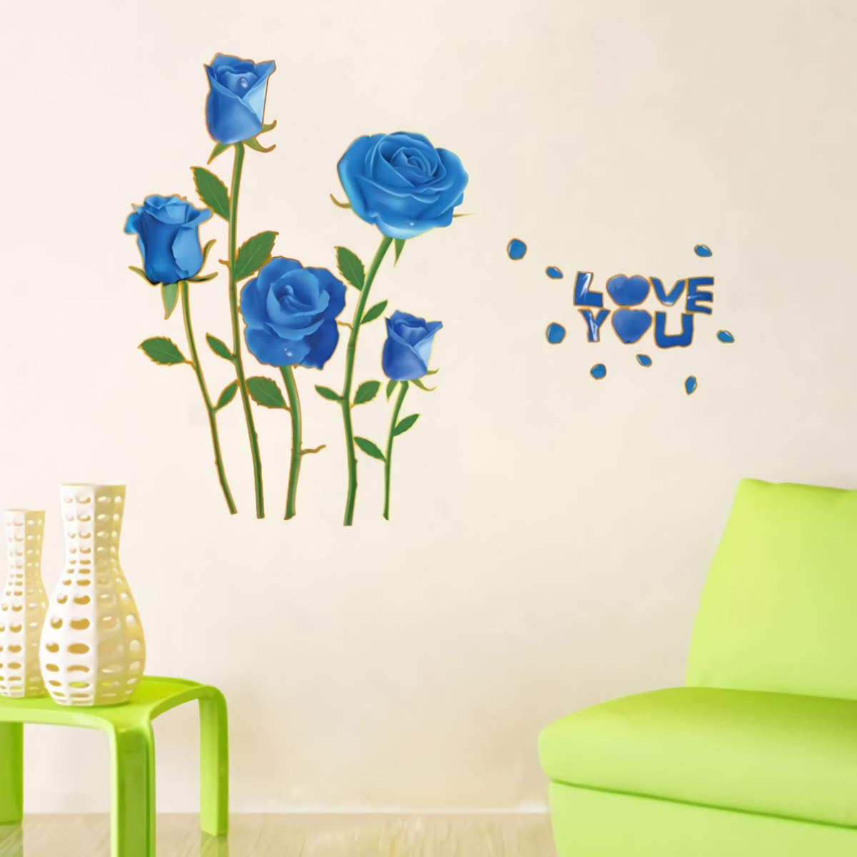 Sk6008 Blue Rose Flower Wall Stickers with Phnom Penh, Vinyl Waterproof Flower Wall Decals for Living Room, Bedroom, Office