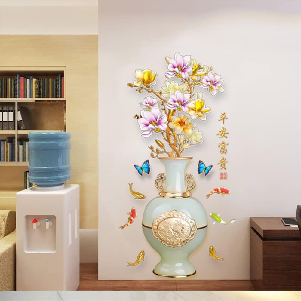 Flower  jojoz Wall Stickers, Embossed Vase Colored Flower Bedroom Wallpaper, Creative Self-Adhesive Waterproof Bedside Bedroom Background Aesthetic Decor Vase GS9589 Size: 60x90 cm