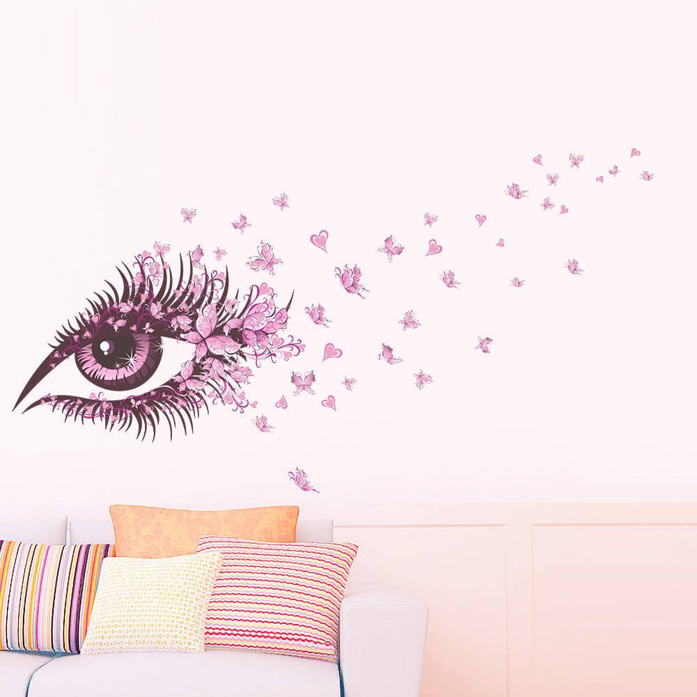 Zy066 BIBITIME Beautiful Butterflies Wall Art Long Eyelashes Eye Vinyl Sticker for Bedroom Heart Decor Couple Lovers Living Room