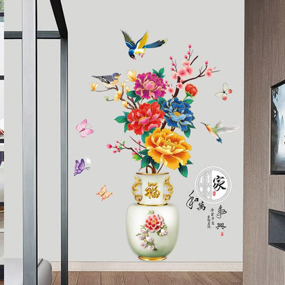 Dechom Peony Flower Pot Vase Wall Sticker Home Wall Art Hallway Corridor Background Aesthetic Decoration Wall Mural Vinyl Decals