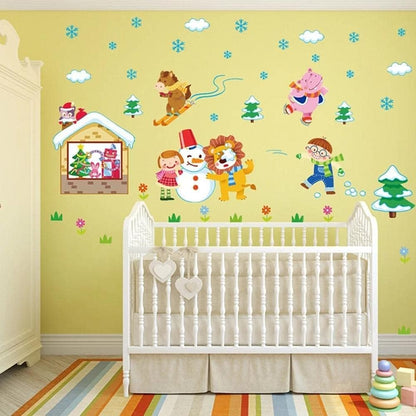 Winter Snow Animals Skiing Children Snowman Wall Stickers Kids Room Bedroom Kindergarten Removable Kids Playing Game Stickers