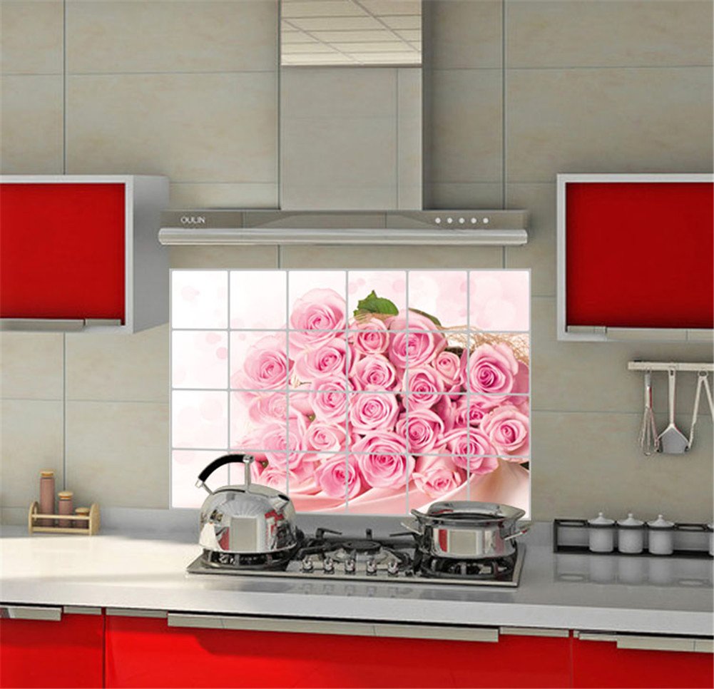 ACEFAST INC 6090CM Kitchen Oil Proof Waterproof Decal Wall Stickers Pink Rose Decal(A7)