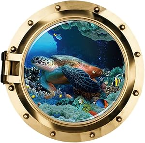 DNVEN 20 inches x 20 inches 3D Vivid Undersea Tropical Fishes Sea Turtles Window View Faux Submarine Window Partial Frosted Frosting Murals Wall Decals Removable Wall Stickers for Bedrooms Home Arts