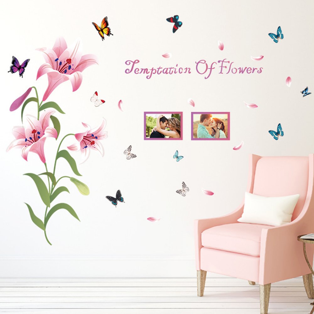 Baby Boy's Lily Flowers Photo Frame Butterflies Petals Wall Decal One Size Pink