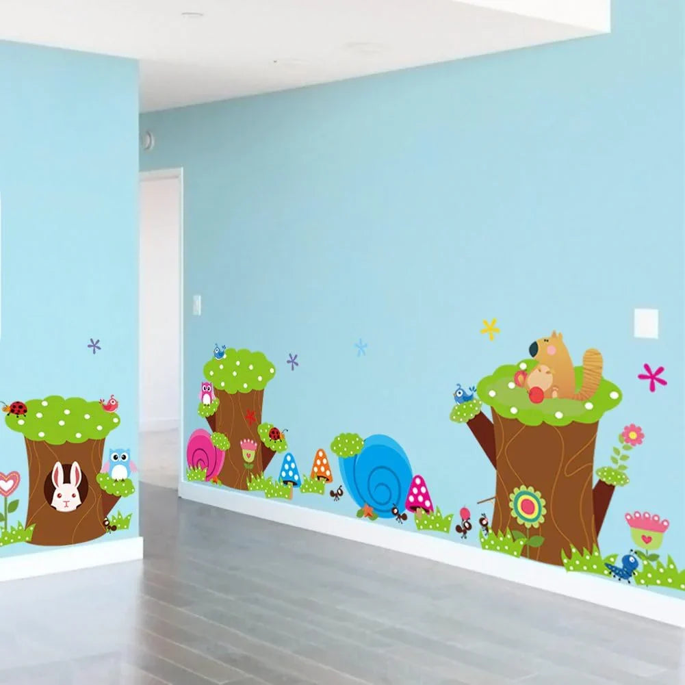 Happy Rabbit Owl Ant Bird Stump Wall Art Decals Decor Peel and Stick Removable Sticker for Children's Room size 60x90 nc016