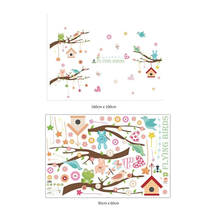 XL8245 Wallpark Cartoon Cute Rabbit Cat Bird Creative Stars House Pendent Tree Branch Removable Wall Sticker
