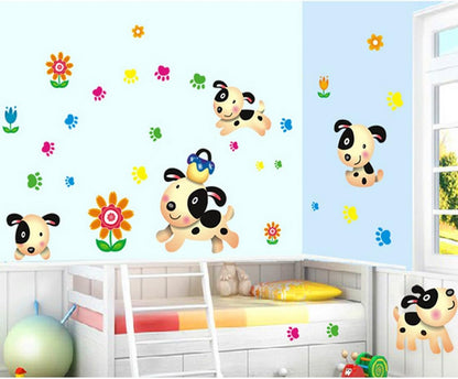 Happy Dogs and Flowers Leaves Wall Decal Home Sticker Ay7036