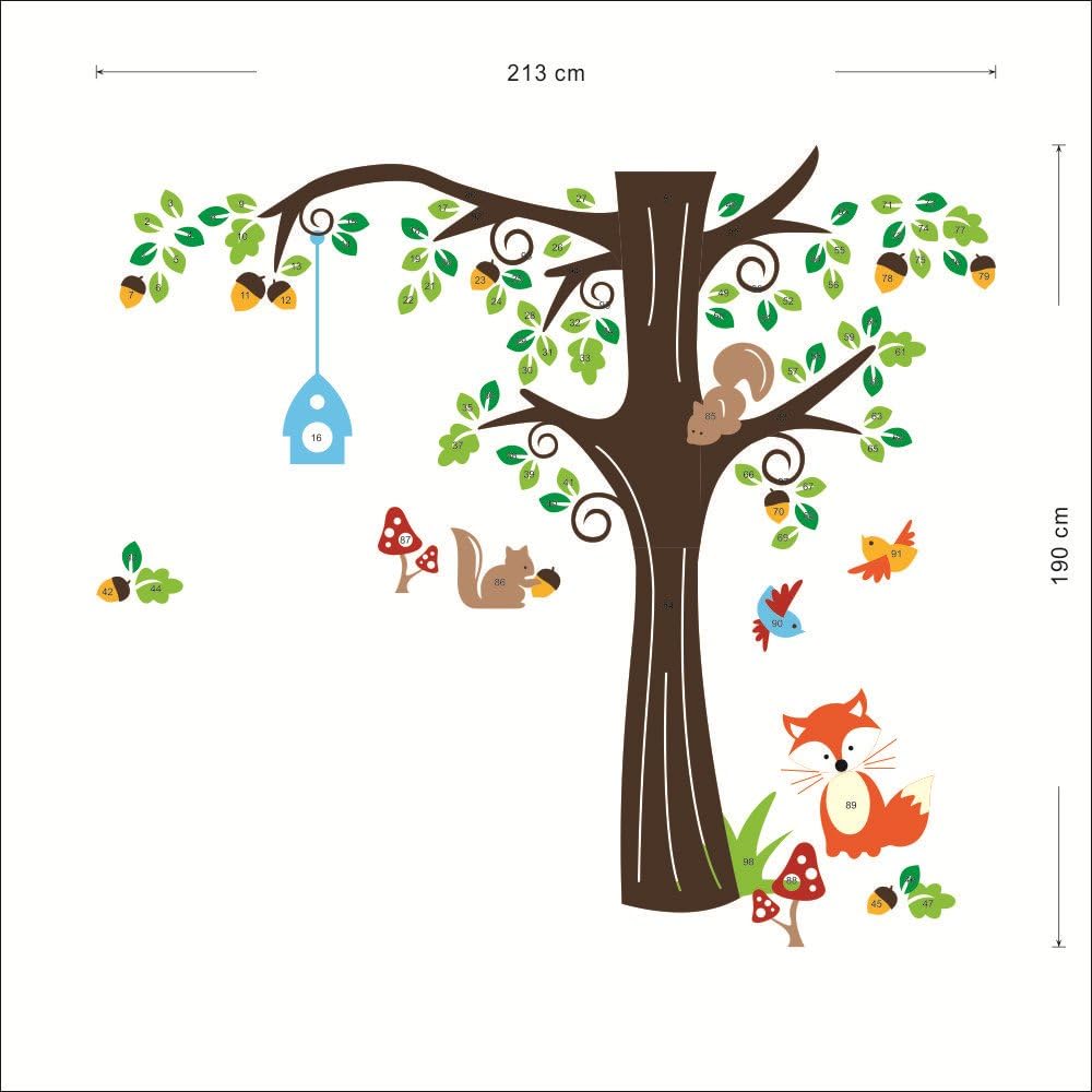 Nursery Wall Stickers Acorn Tree and Woodland Animals Squirrel, Fox and Birds, Rmovable and Repositionable for Kids Bedroom Walls size  180x270 zy1204ab