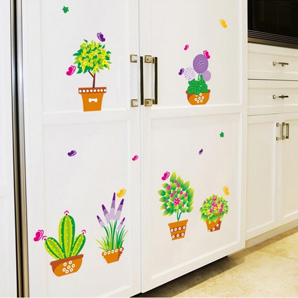 MJ7031 BEST OF BEST Flower Cactus Plant Potted Wall Sticker Home Decal Removable PVC Murals Wallpaper Girls Boys Kids Baby Nursery Bedroom Living Room Bathroom Kitchen Window