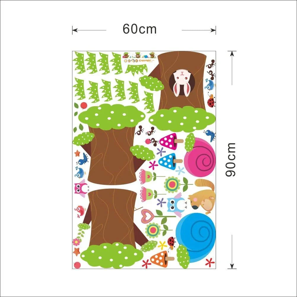 Happy Rabbit Owl Ant Bird Stump Wall Art Decals Decor Peel and Stick Removable Sticker for Children's Room size 60x90 nc016