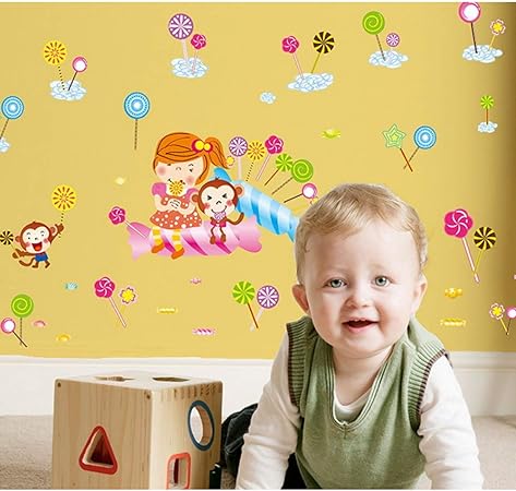 BEST OF BEST Cartoon Lollipop Girl Monkey Wall Sticker Home Decal Removable PVC Murals Wallpaper Girls Boys Kids Baby Nursery Bedroom Living Room Bathroom Kitchen Window Playroom Decor