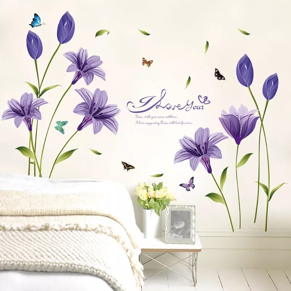 Lovely Lily Flowers and Butterfly Wall Decal DIY Stickers for Home Decor Ay7244