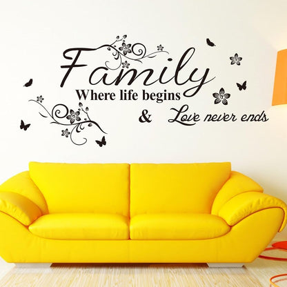 Family Where Life Begins Love Never Ends with Flowers and Butterfly Vinyl Removable Wall Quote Sticker Decal (Black)