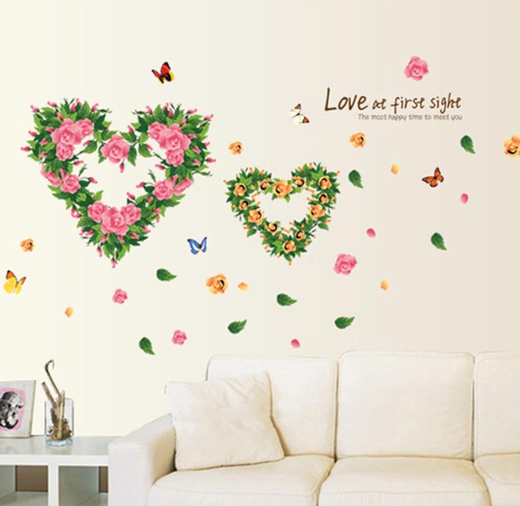 Ays6014 BIBITIME 2 Romantic Flower Hearts Meet "Love at First Sight" Valentines Day Vinyl Quotes Butterfly Lovers Wall Decals Sticker