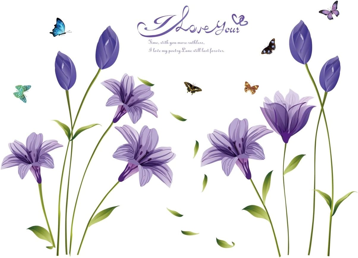 Lovely Lily Flowers and Butterfly Wall Decal DIY Stickers for Home Decor Ay7244