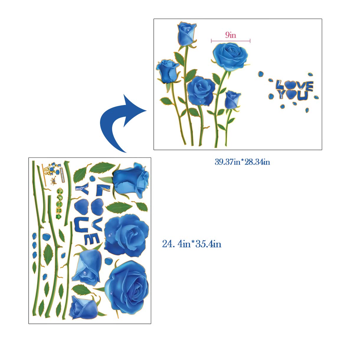 Sk6008 Blue Rose Flower Wall Stickers with Phnom Penh, Vinyl Waterproof Flower Wall Decals for Living Room, Bedroom, Office