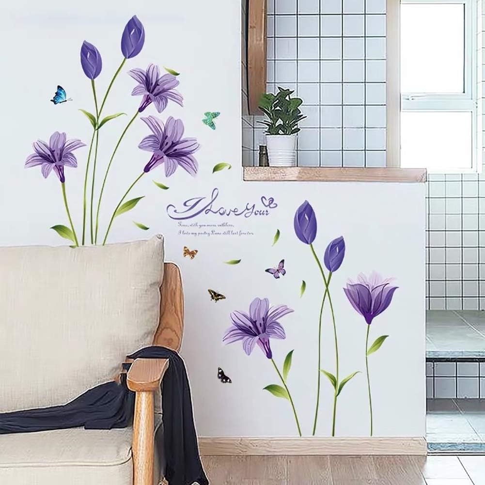 Lovely Lily Flowers and Butterfly Wall Decal DIY Stickers for Home Decor Ay7244