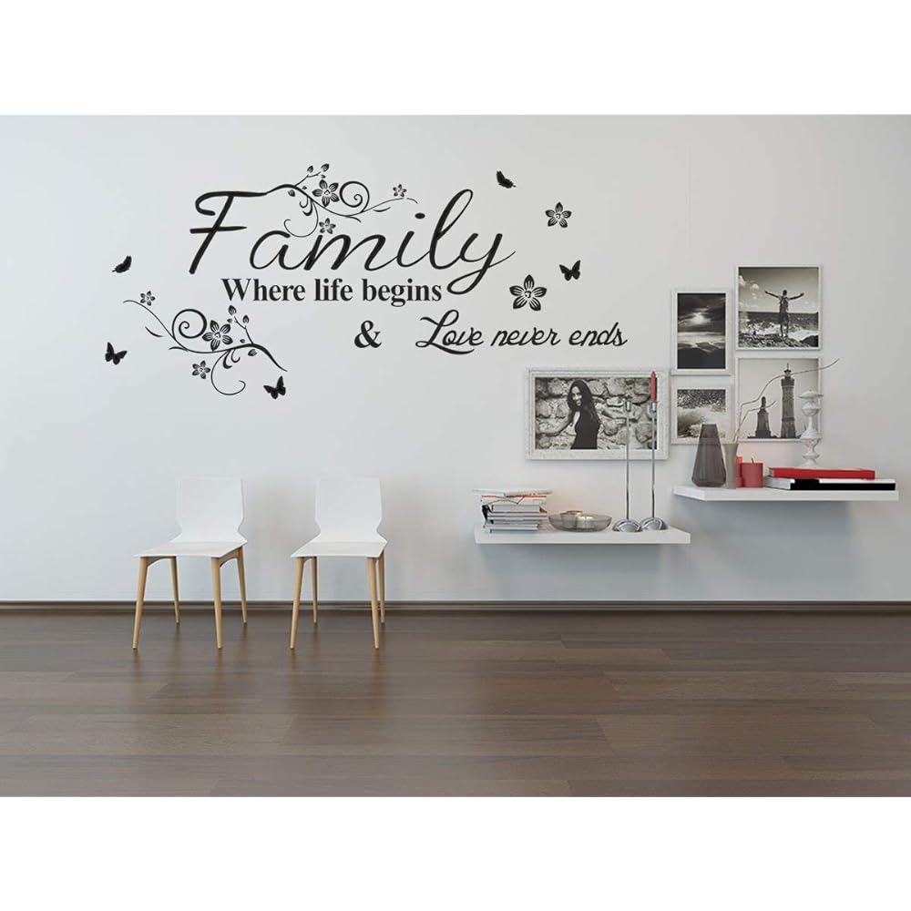 Family Where Life Begins Love Never Ends with Flowers and Butterfly Vinyl Removable Wall Quote Sticker Decal (Black)