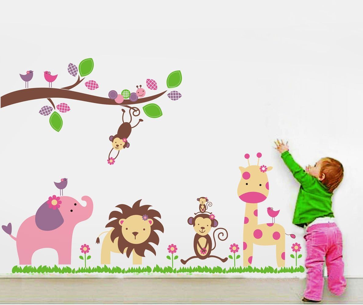 Walplus Wall Stickers Nursery "Huge Elephant Animal Lion Giraffe Monkey" Mural Vinyl Home Decoration DIY Décor Wallpaper Children Kids Room Gift, Multi-Colour