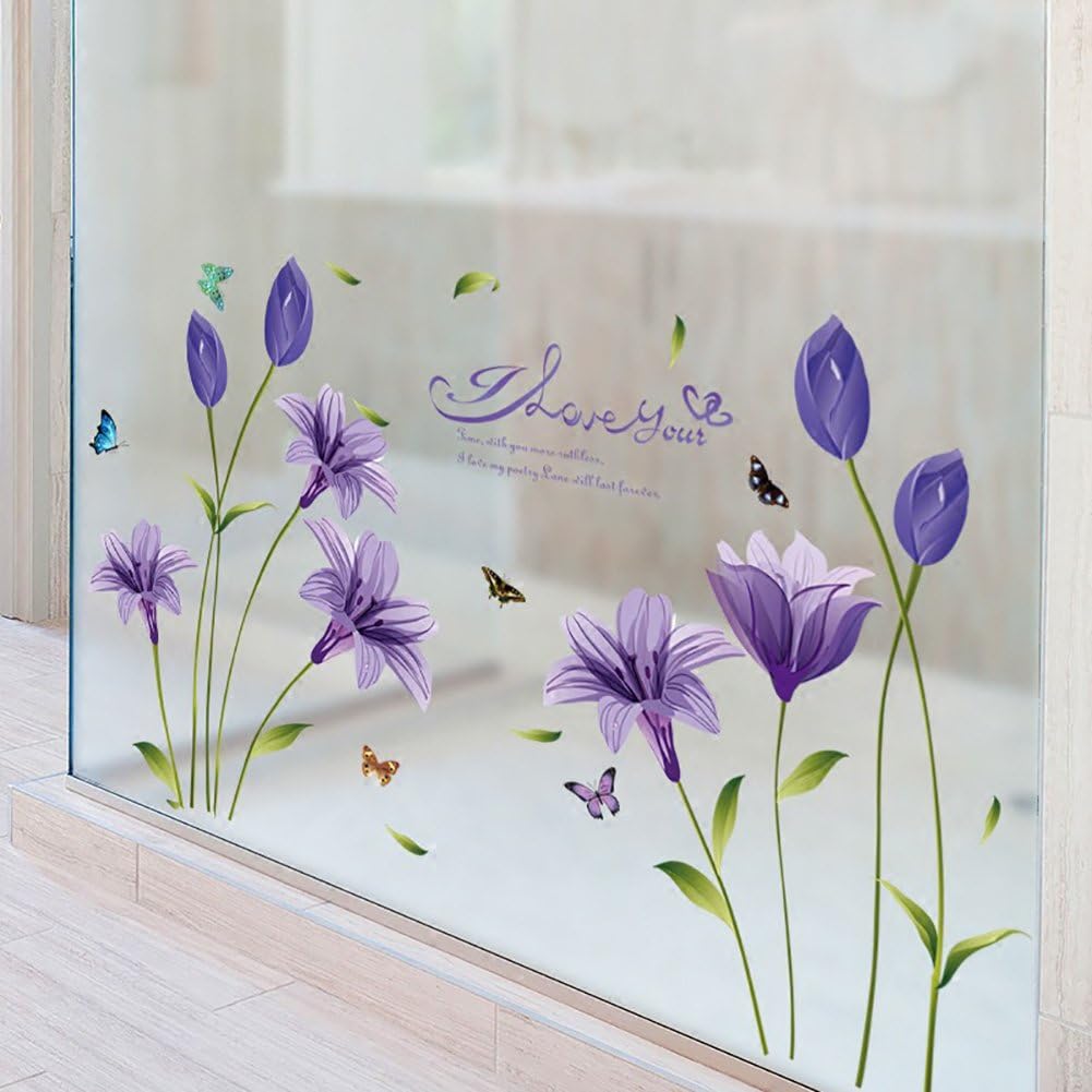 Lovely Lily Flowers and Butterfly Wall Decal DIY Stickers for Home Decor Ay7244