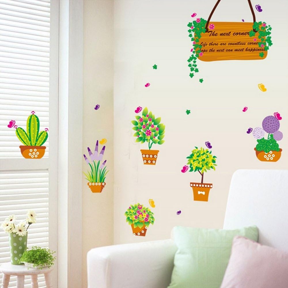 MJ7031 BEST OF BEST Flower Cactus Plant Potted Wall Sticker Home Decal Removable PVC Murals Wallpaper Girls Boys Kids Baby Nursery Bedroom Living Room Bathroom Kitchen Window
