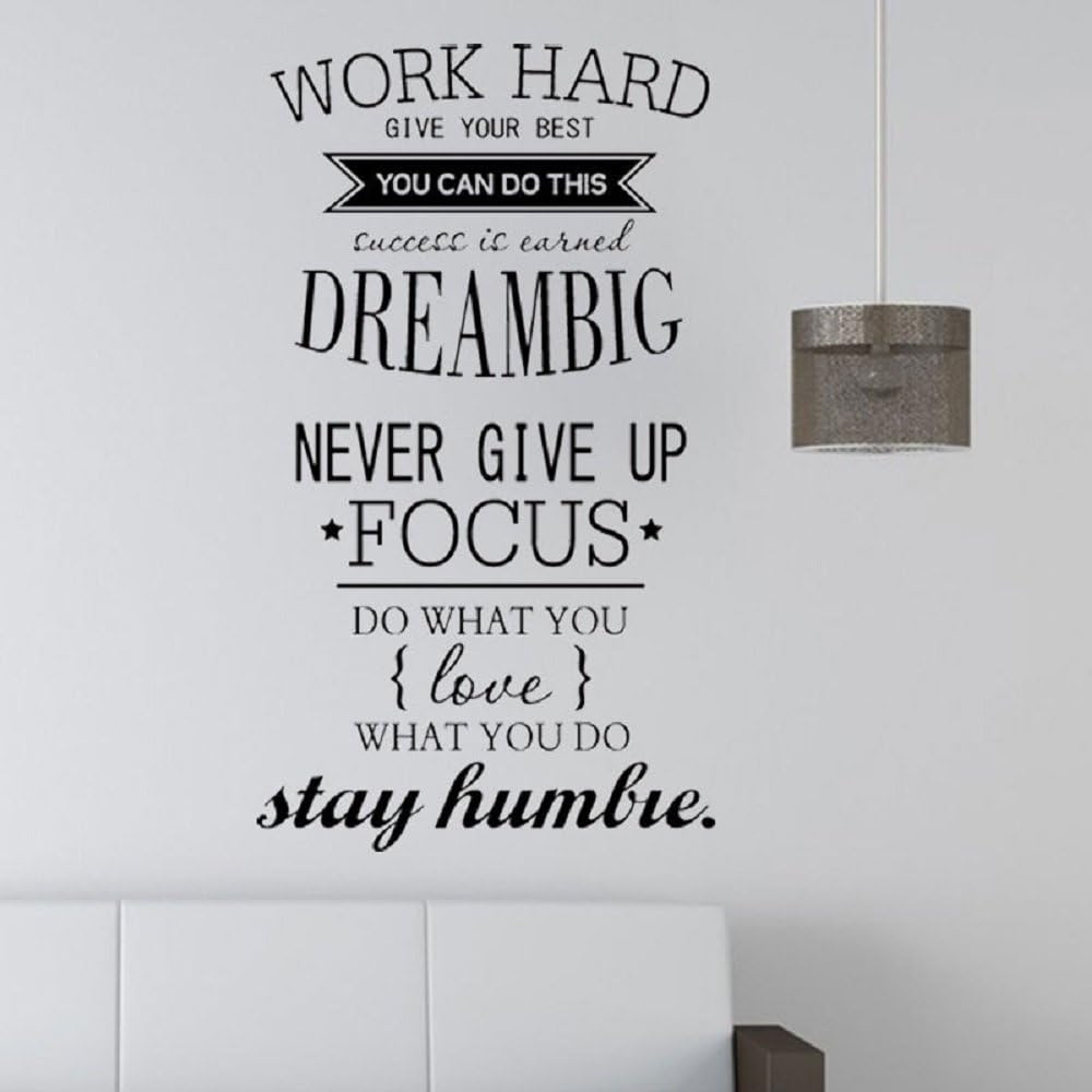 DZR2002 i20"w x 40"h Removable Vinyl Quotes "Work Hard, Never Give up" Wall Decal Inspirational Lettering Wall Sticker Decor Saying Murals for Kids Bedroom Living Room Nursery Walls Classroom Black