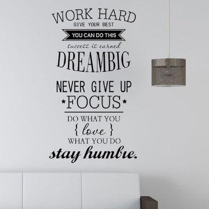 DZR2002 i20"w x 40"h Removable Vinyl Quotes "Work Hard, Never Give up" Wall Decal Inspirational Lettering Wall Sticker Decor Saying Murals for Kids Bedroom Living Room Nursery Walls Classroom Black