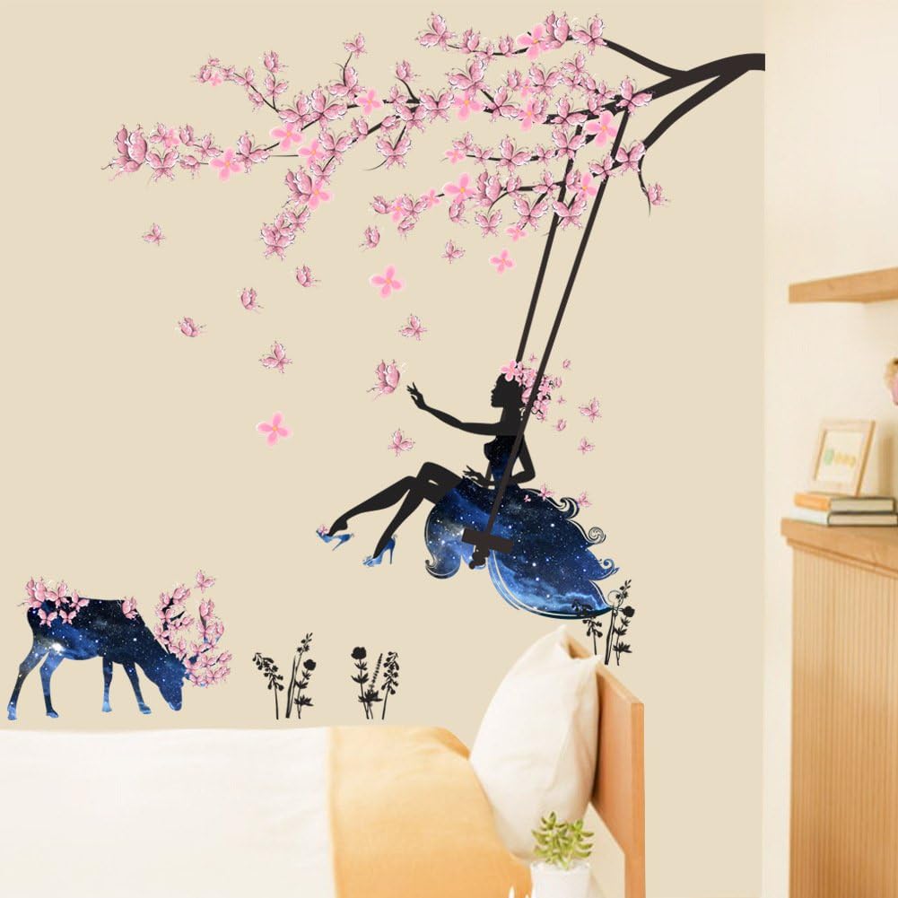 Zy110 Fairy Tree Swing Wall Decals Pink Flowers Tree Wall Stickers Moose Silhouette Flowers DIY Removable Butterfly Plants Animals Wall Decor for Kid Baby Bedroom Living Room Nursery Party